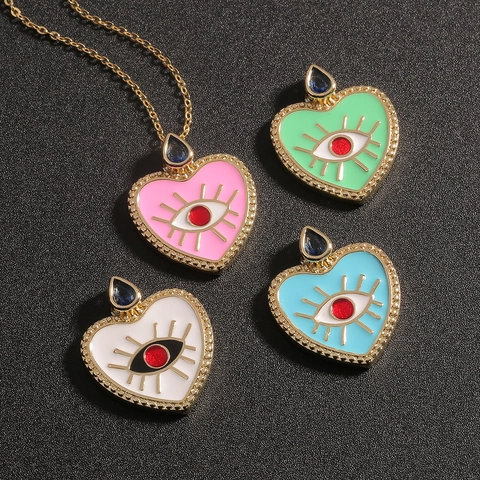 Hart Boze Oog Hanger Ketting Koper 18K Verguld Zirconia Emaille Etnische Stijl Verstelbare Ketting Sieraden Vrouwen