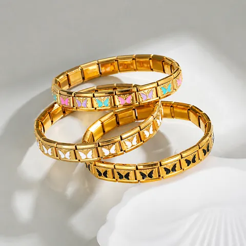 Bracelet à Charme Italien Vintage pour Femme Plaqué Or Acier Inoxydable Bracelet à Maillons Modulaires Papillon Cœur Étoile Motif DIY Bijoux de Mode