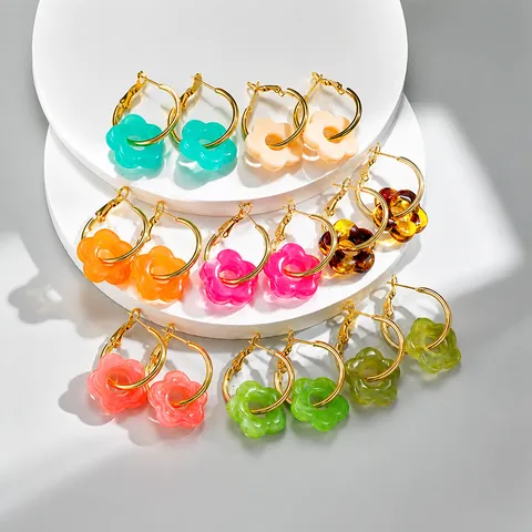 Boucles d'Oreilles Créoles Fleur Dopamine Colorées d'Été pour Femmes Boucles d'Oreilles Pendantes Florales en Acier Inoxydable et Acrylique