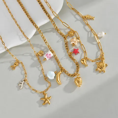 Collana con Pendente Bohemienne in Acciaio Inossidabile Oceano Stella Marina Tartaruga Ippocampo Oro Vintage Donna