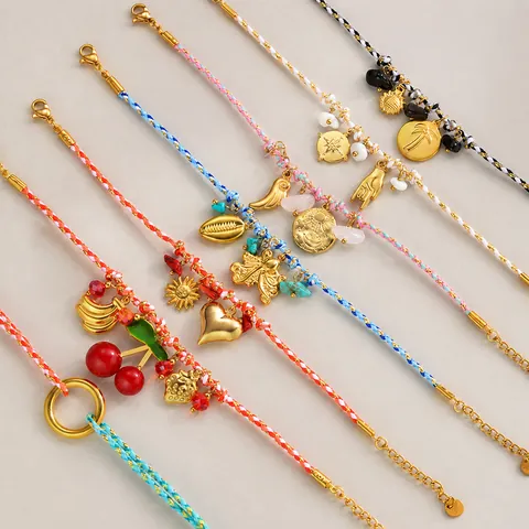 Bracelet Tissé Coloré Bohème pour Femme en Acier Inoxydable Pendentif Fruit Coeur Ajustable Bijoux d'Été