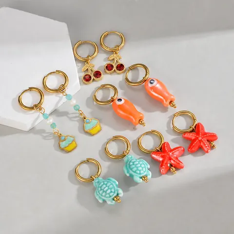Stainless Steel Marine Style Earrings With Ceramic-look PVC Sea Turtle Starfish Fish Cupcake Cherry Pendant Jewelry For Women