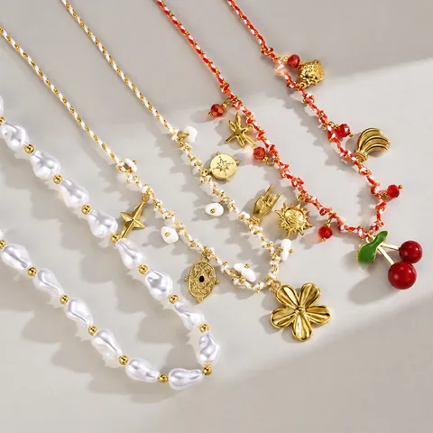 Collier Bohème en Acier Inoxydable Cordon Tressé Multi Pendentif Perle Artificielle Pierre Concassée Choker Femme Bijoux