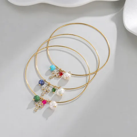 Bracelet Jonc en Acier Inoxydable avec Perle Artificielle Croix Étoile Pièce Pendentif Strass Bijoux de Mode pour Femme
