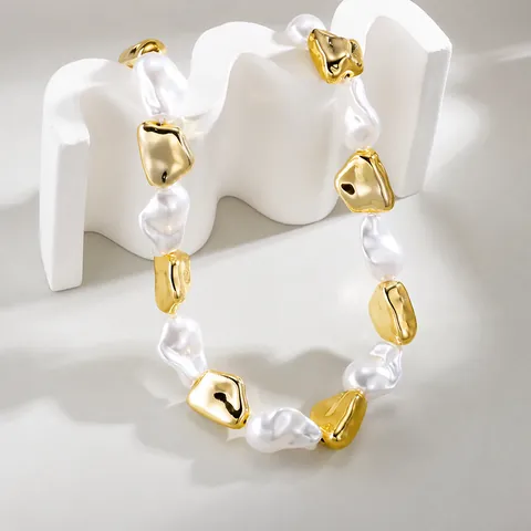 Stainless Steel Beaded Necklace Women Baroque Artificial Pearl Color Blocking Irregular Metal Fashion Jewelry Neck Chain