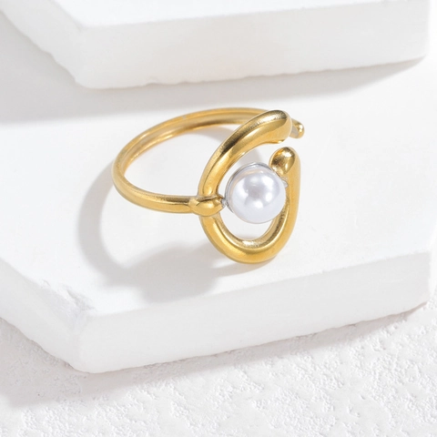 Bague Ouverte en Acier Inoxydable pour Femme Plaqué Or 18K Géométrique Künstliche Perle Fleur Coeur Coquillage Bijoux de Mode Cadeau