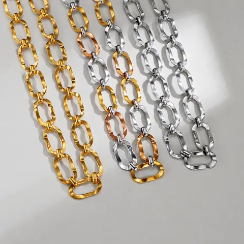 Ensemble de Bijoux Chaîne Épaisse en Acier Inoxydable Minimaliste Texture Martelée Collier Bracelet à Maillons Ovales Or Argent Femme Bijoux