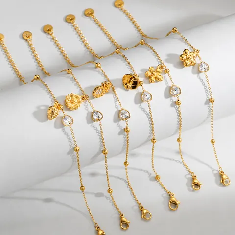 Bracelet à Breloques en Acier Inoxydable Plaqué Or pour Femme Cœur Zircone Tournesol Ananas Champignon Fleur Bijoux Cadeau