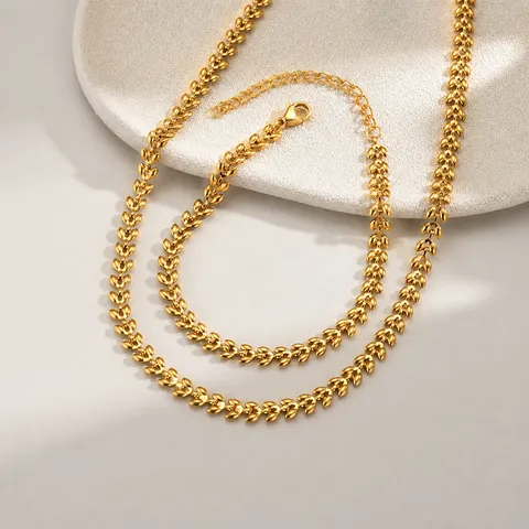 Vintage Plaqué Or 18K Acier Inoxydable Épi de Blé Feuille Pendentif Collier Bracelet Parure de Bijoux pour Femmes Accessoires Élégants