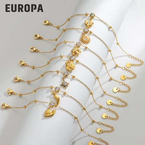 Bracelet Pendentif Animal en Acier Inoxydable Plaqué Or 14K pour Femmes avec Charms Abeille Éléphant Hibou Étoile Soleil