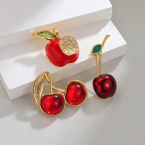 Spilla Serie Frutta Ciliegia Mela Placcata Oro Acciaio Inossidabile Smalto Strass Spilla per Donna Gioielli di Moda