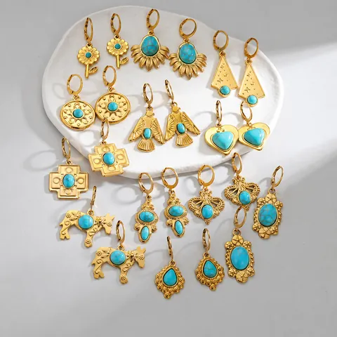 Boucles d'oreilles Vintage Boho en Acier Inoxydable Turquoise Plaqué Or 18K Boucles d'oreilles Pendantes Géométriques Bijoux