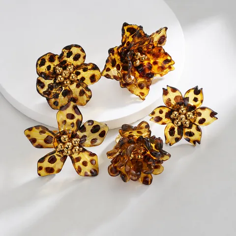 Vintage Leopardenmuster Blume Offener Ring Edelstahl Verstellbarer Floraler Harz Finger Schmuck Für Damen Accessoires