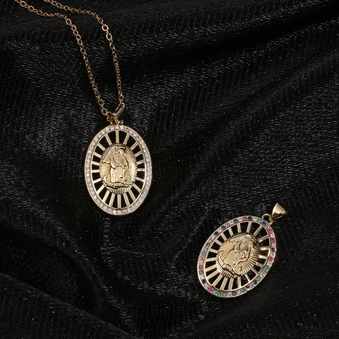 Gold Plated Copper Virgin Mary Pendant Necklace Religious San Judas Micro Inlaid Zirconia Jewelry For Women