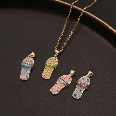 Fashion Evil Eye Slipper Pendant Necklace Gold Plated Copper Zircon Enamel Flip Flop Charm Necklace Jewelry For Women