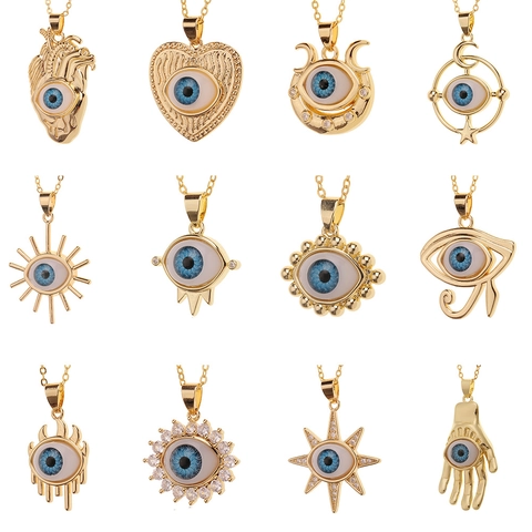 Evil Eye Hamsa Hand Heart Pendant Necklace Gold Plated Copper Zircon Amulet Protection Jewelry For Women Party Gift