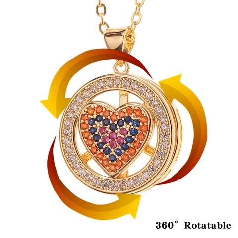 360 Graden Draaibare Hart Smiley Ster Hanger Halsketting Koper Zirkonia Verguld Mode Sieraden Voor Dames
