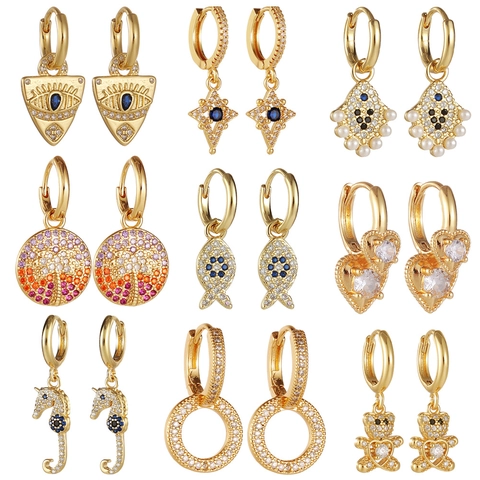 Fashion Copper Gold Plated Zirconia Huggie Hoop Dangle Earrings For Women Evil Eye Heart Bear Seahorse Jewelry Earrings