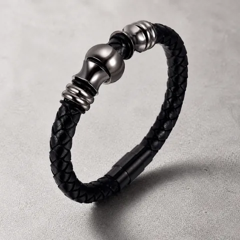 Men Braided Leather Bracelet With Titanium Steel Beads Industrial Style Wristband Hip Hop Magnetic Clasp Bangle Boyfriend Jewelry Gift
