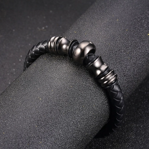 Men Braided Leather Bracelet With Titanium Steel Beads Industrial Style Wristband Hip Hop Magnetic Clasp Bangle Boyfriend Jewelry Gift
