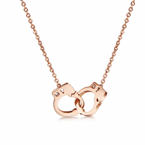 Titanium Steel Handcuff Pendant Necklace With Rhinestone Rose Gold Double Ring Link Chain Daily Fashion Jewelry For Women
