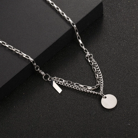Collana Minimalista A Doppio Strato In Acciaio Inossidabile Per Uomo E Donna Ciondolo Rotondo Inciso Gioielli Hip Hop Argento