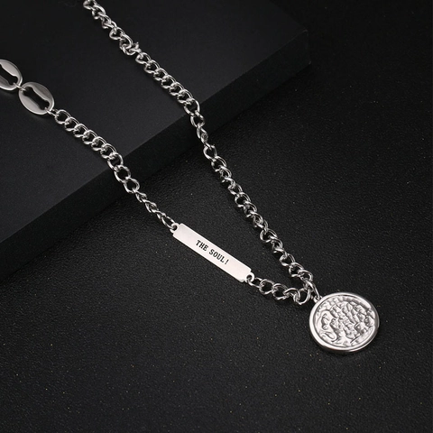 Stainless Steel Asymmetric Chain Necklace St Benedict Medal Coin Pendant THE SOUL Tag Streetwear Hip Hop Jewelry