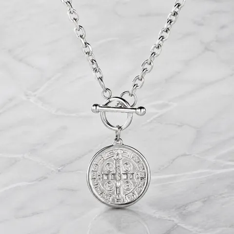 Vintage Polished Titanium Steel Pendant Necklace Unisex Minimalist St Benedict Medal Elephant Coin OT Clasp Jewelry