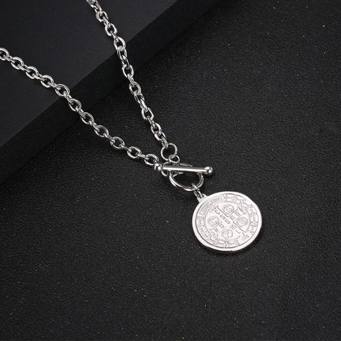 Vintage Polished Titanium Steel Pendant Necklace Unisex Minimalist St Benedict Medal Elephant Coin OT Clasp Jewelry