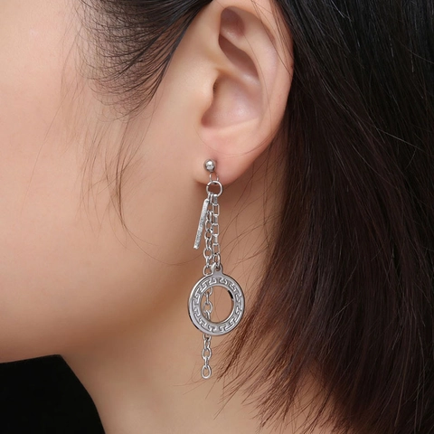 Titanium Steel Greek Key Tassel Earrings For Women Minimalism Geometric Long Drop Dangle Earrings Korean Style Jewelry