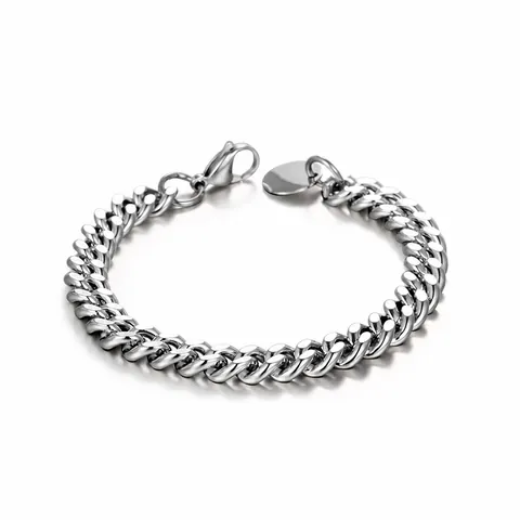 Bracciale Collana Maglia Cubana in Acciaio Inossidabile Da Uomo Colore Argento Lucido Gioielli Hip Hop Con Targhetta
