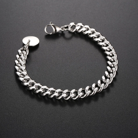 Bracciale Collana Maglia Cubana in Acciaio Inossidabile Da Uomo Colore Argento Lucido Gioielli Hip Hop Con Targhetta