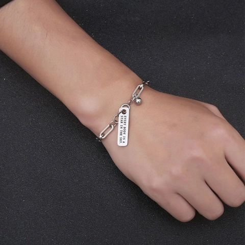 Hip Hop Edelstahl Büroklammer Kette Armband Mit Graviertem Stern Zitat Etikett Runde Perle Anhänger Für Damen Herren Schmuck