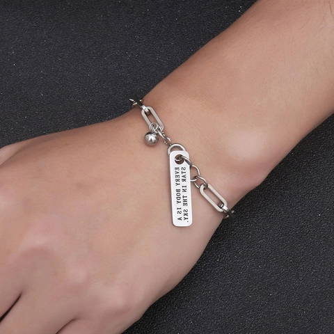 Hip Hop Edelstahl Büroklammer Kette Armband Mit Graviertem Stern Zitat Etikett Runde Perle Anhänger Für Damen Herren Schmuck