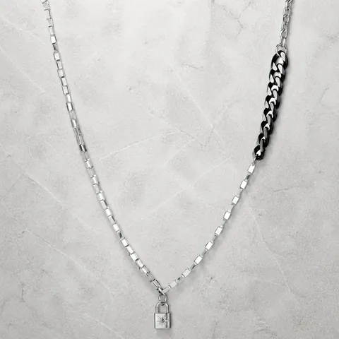 Collana con Pendente a Lucchetto in Acciaio al Titanio Hip Hop Punk con Motivo a Stella Catena Mista Asimmetrica Unisex