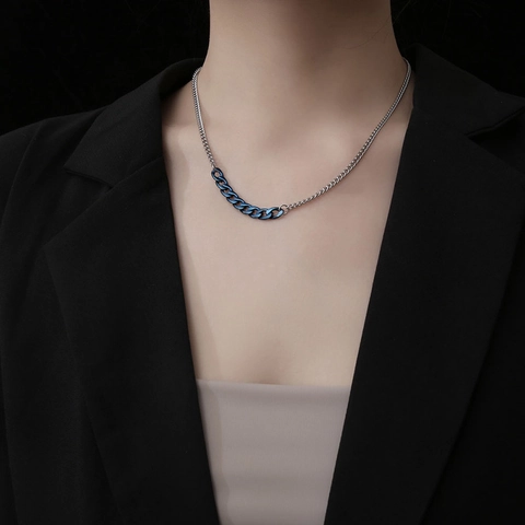 Collana Minimalista in Acciaio al Titanio con Splicing Curb Chain Uomo Donna Hip Hop Blu Nero Metallo Gioielli Moda