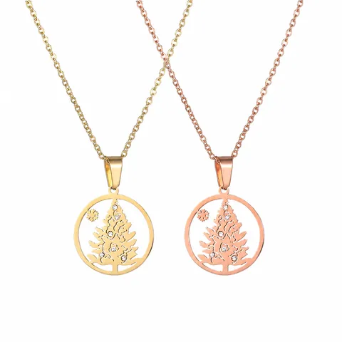 Edelstahl Weihnachtsbaum Anhänger Halskette Mit Weißen Strass Schneeflocke Rund Hohl Weihnachten Schmuck Für Damen