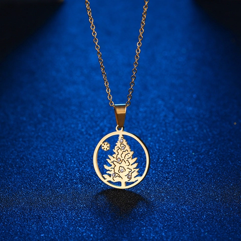 Edelstahl Weihnachtsbaum Anhänger Halskette Mit Weißen Strass Schneeflocke Rund Hohl Weihnachten Schmuck Für Damen