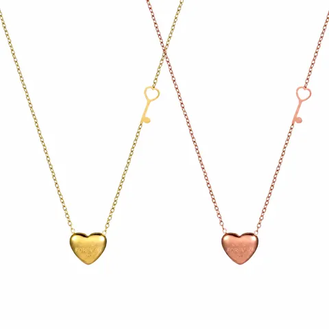 Stainless Steel Heart Lock Pendant Necklace For Women Engraved Love Forever Key Charm Clavicle Chain Jewelry Romantic Gift