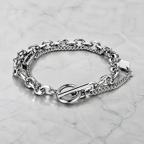 Minimalistisch Edelstahl Doppellagige Kette Armband Für Herren Damen Industriedesign Knebelverschluss Geometrischer Anhänger Schmuck