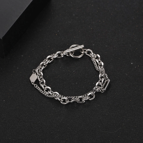 Minimalistisch Edelstahl Doppellagige Kette Armband Für Herren Damen Industriedesign Knebelverschluss Geometrischer Anhänger Schmuck