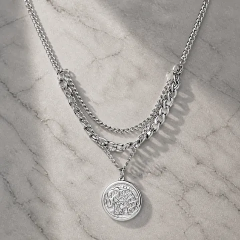 Collana in Acciaio Inossidabile a Più Strati Hip Hop per Uomo Pendente a Moneta con Elefante Vintage Gioielli in Argento