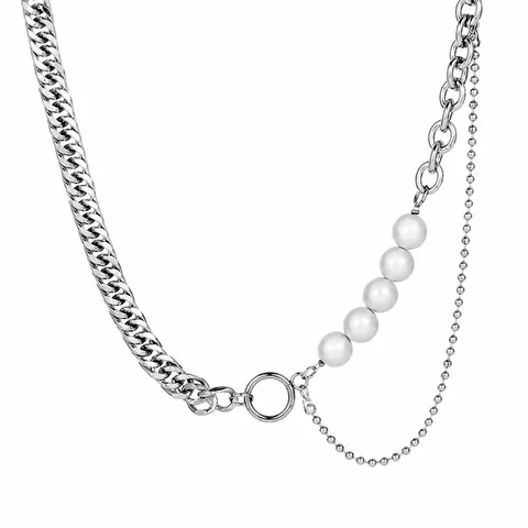 Collar de Cadena de Acero de Titanio con Perla Artificial Borla Geométrico Cuban Link Cadena de Suéter Joyería Hip Hop para Hombre Mujer