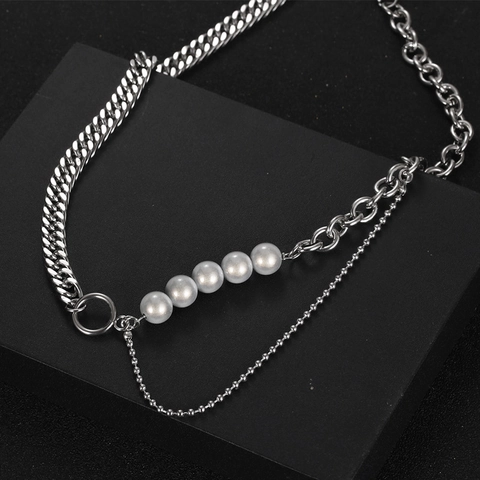 Collar de Cadena de Acero de Titanio con Perla Artificial Borla Geométrico Cuban Link Cadena de Suéter Joyería Hip Hop para Hombre Mujer