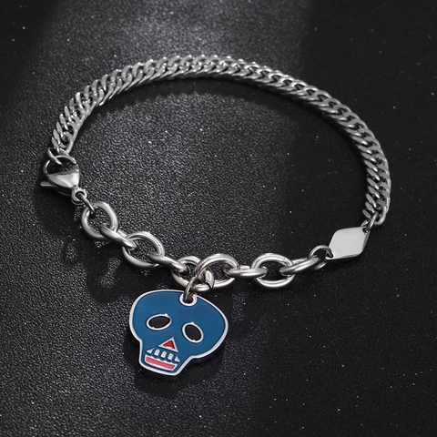 Pulsera de Cadena Empalmada de Calavera de Acero de Titanio para Hombre Mujer Punk Estilo Callejero Halloween Joyería
