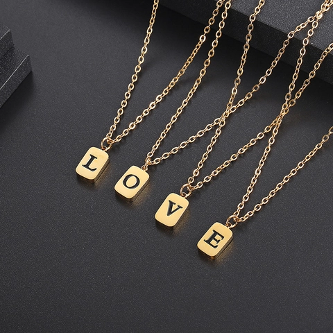 Collana con Pendente Iniziale in Acciaio Inossidabile Medaglione Rettangolare Alfabeto Oro Girocollo Per Donna Uomo Gioielli