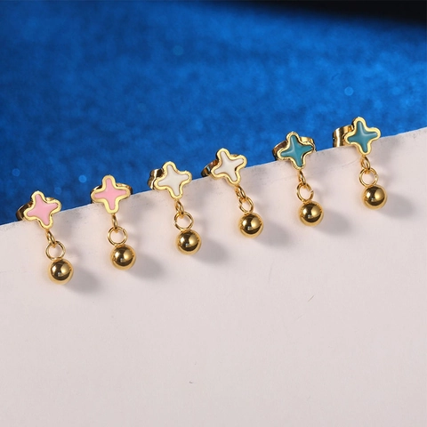 Orecchini a Bottone in Acciaio al Titanio con Fiore in Smalto e Sfera Dorata Orecchini Geometrici Minimalisti per Donna Gioielli