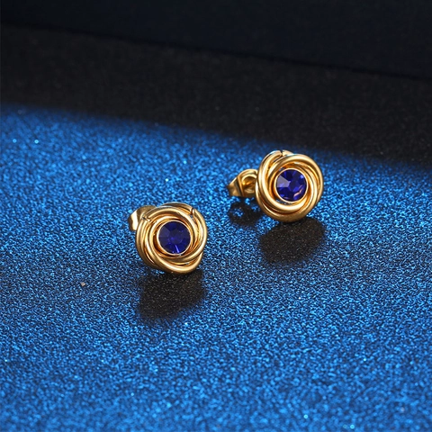 Luxury Stainless Steel Stud Earrings Deep Blue Round Zircon Gold Plated Spiral Vortex Round Earrings For Women Men Jewelry