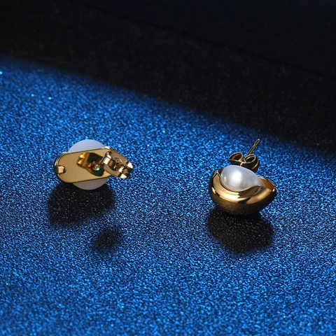 Eleganti Orecchini a Bottone in Acciaio Inossidabile Placcato Oro con Künstliche Perle Design Francese Vintage Geometrico Donna