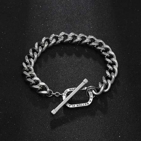 Men Bold Stainless Steel Cuban Link Bracelet With Toggle Clasp Inspirational Engraved Quote Silver Jewelry Accessory